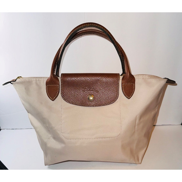 Auth LONGCHAMP Le Preage Original - Cream Dark Brown Nylon Leather Handbag - Picture 1 of 14
